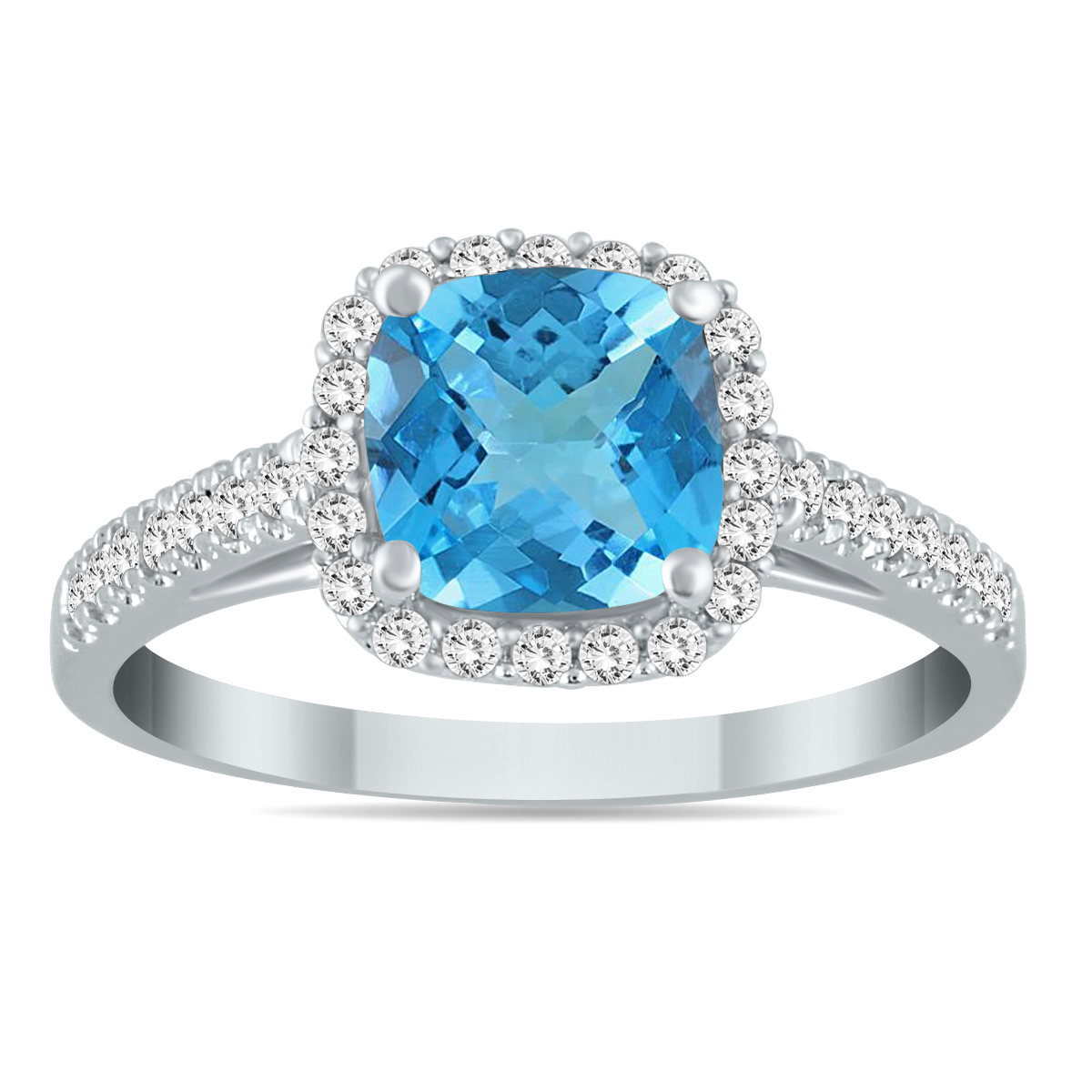 5MM Cushion Cut Blue Topaz and Diamond Halo Ring in 10K White Gold