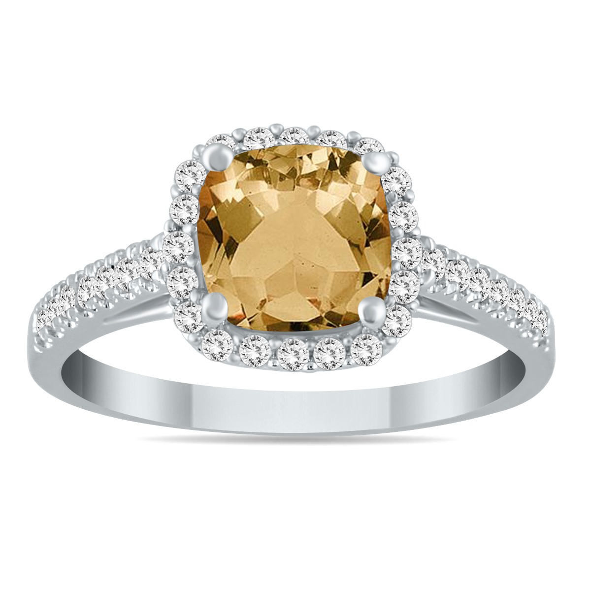 5MM Cushion Cut Citrine and Diamond Halo Ring in 10K White Gold