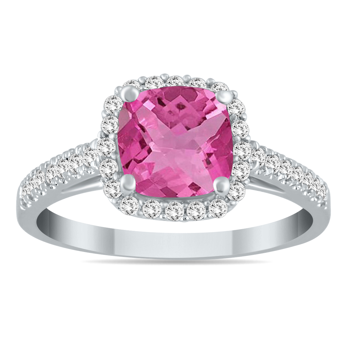5MM Cushion Cut Pink Topaz and Diamond Halo Ring in 10K White Gold