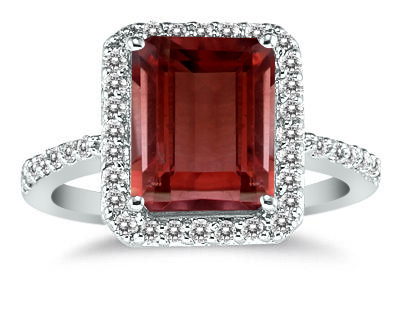 Garnet and Diamond Halo Cocktail Ring in 14K White Gold