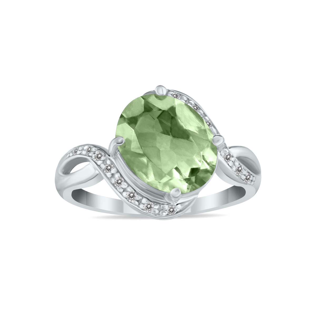 Oval Shaped Green Amethyst and Diamond Curve Ring in 10K White Gold