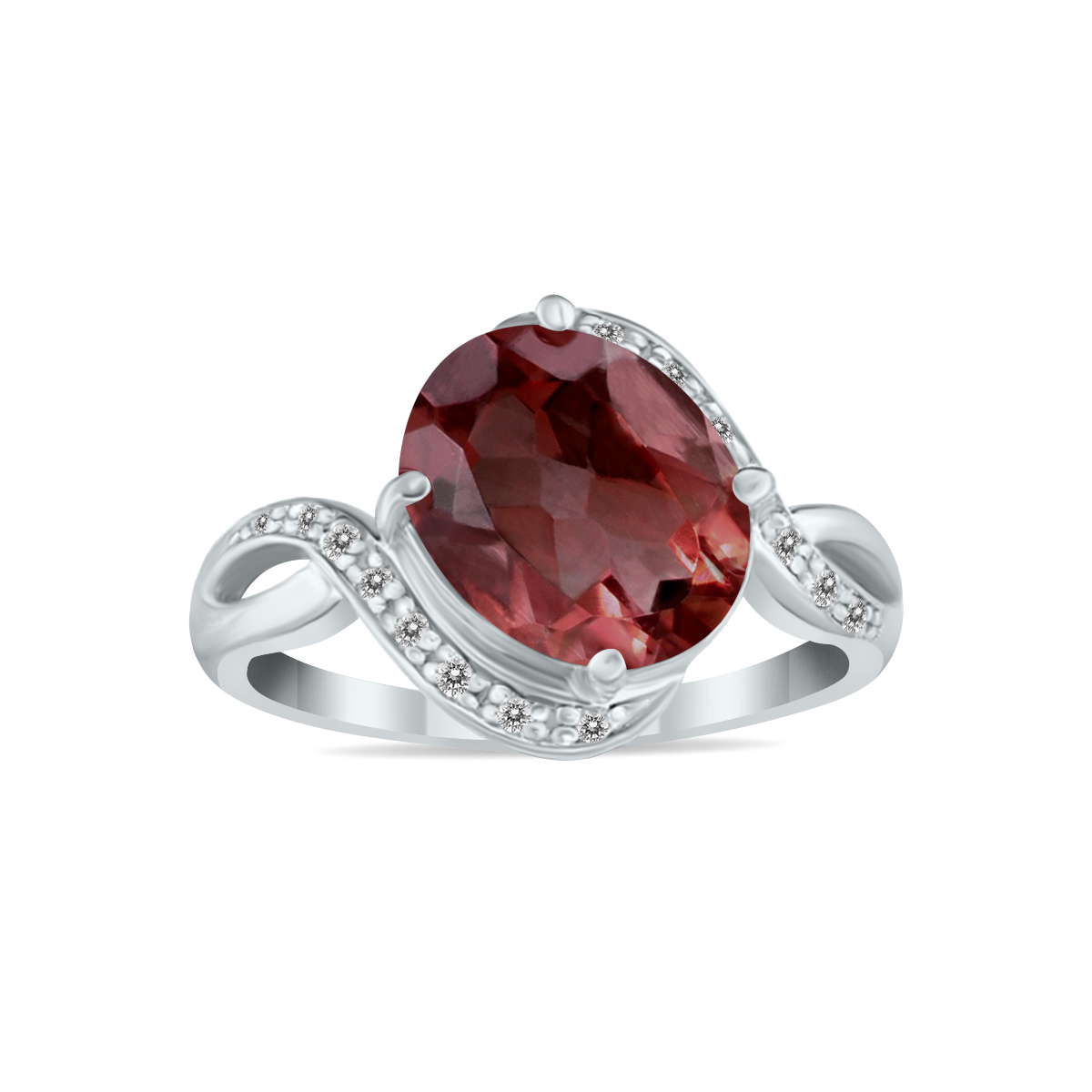 Oval Shaped Garnet and Diamond Curve Ring in 10K White Gold