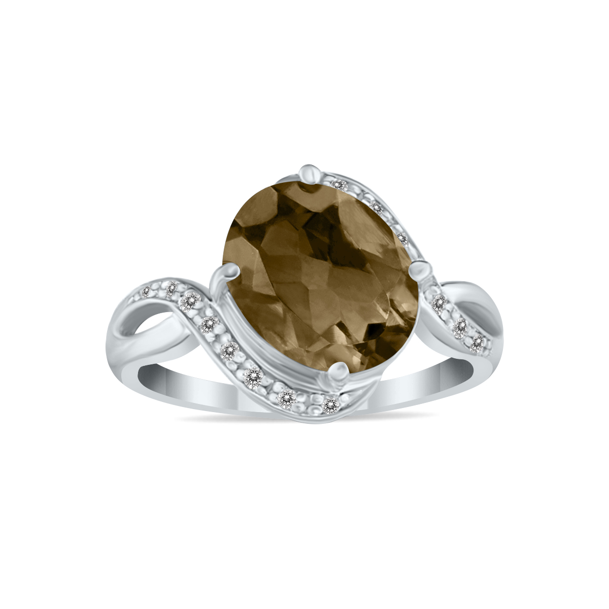 Oval Shaped Smokey Quartz and Diamond Curve Ring in 10K White Gold