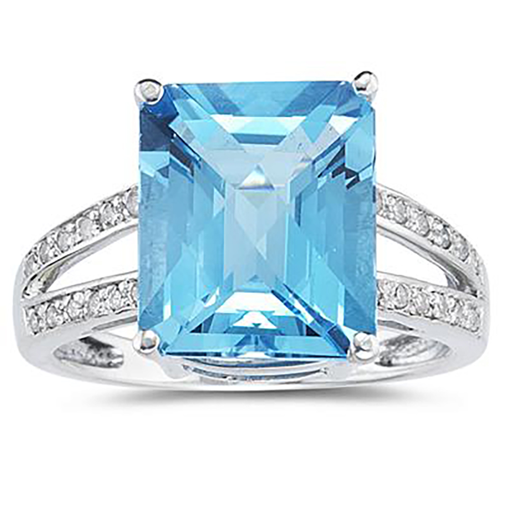 7 Carat Emerald Cut Blue Topaz and Diamond Ring 10k White Gold