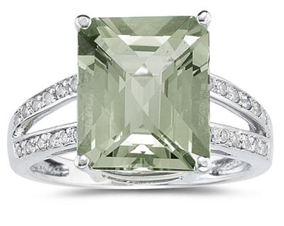 7 Carat Emerald Cut Green Amethyst and Diamond Ring 10k White Gold