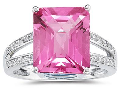 7 Carat Emerald Cut Pink Topaz and Diamond Ring 10k White Gold