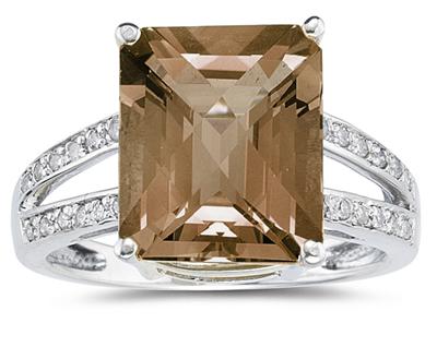 7 Carat Emerald Cut Smokey Quartz and Diamond Ring 10k White Gold