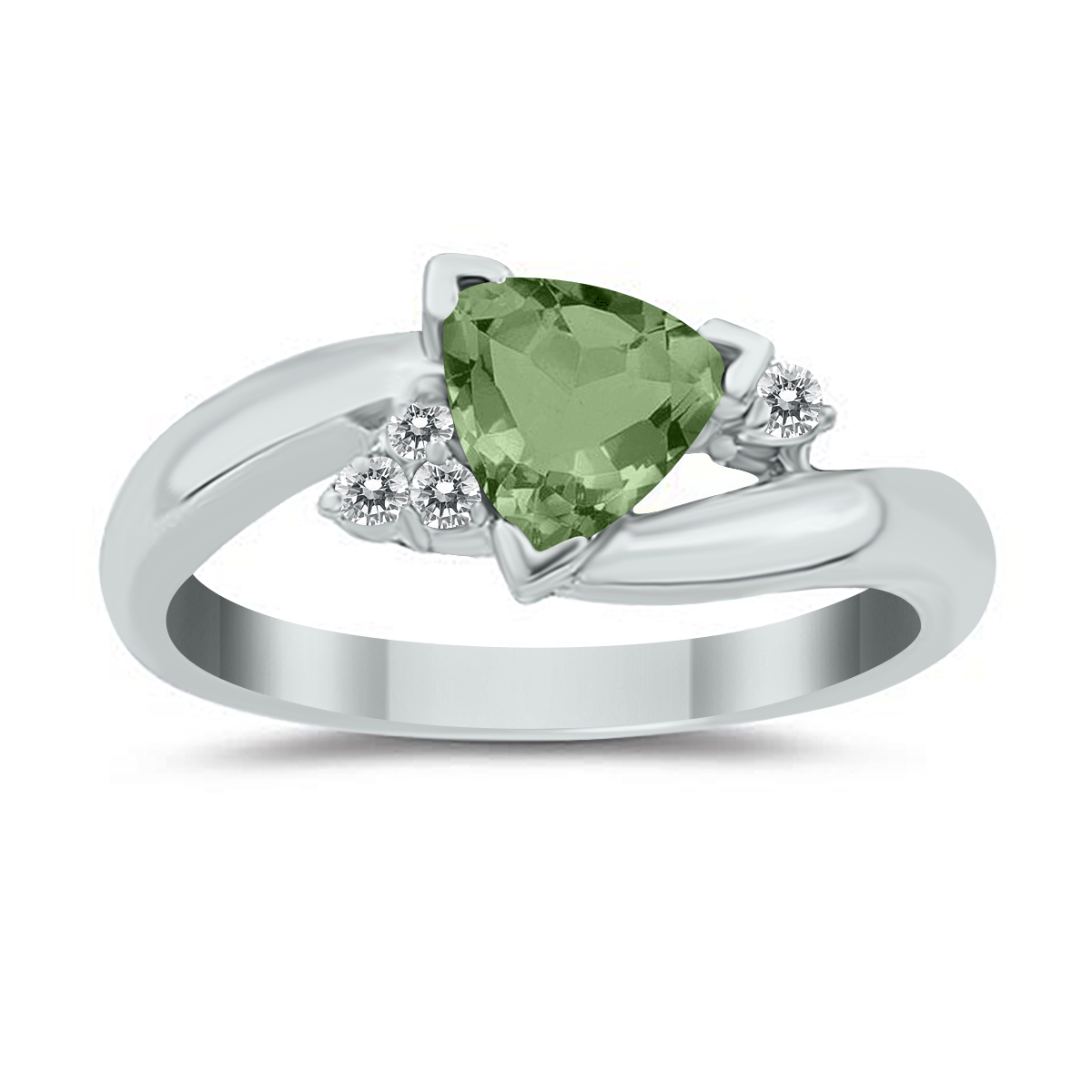 Trillion Cut Green Amethyst and Diamond Ring in 14K White Gold