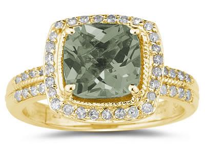 2 1/2 Carat Cushion Cut Green Amethyst & Diamond Ring in 14K Yellow Gold