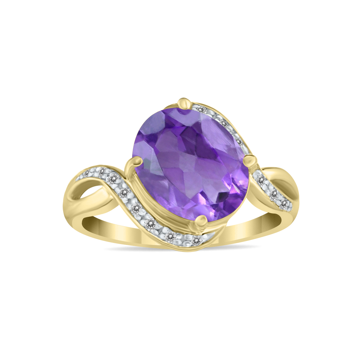 Oval Shaped Amethyst and Diamond Curve Ring in 10K Yellow Gold