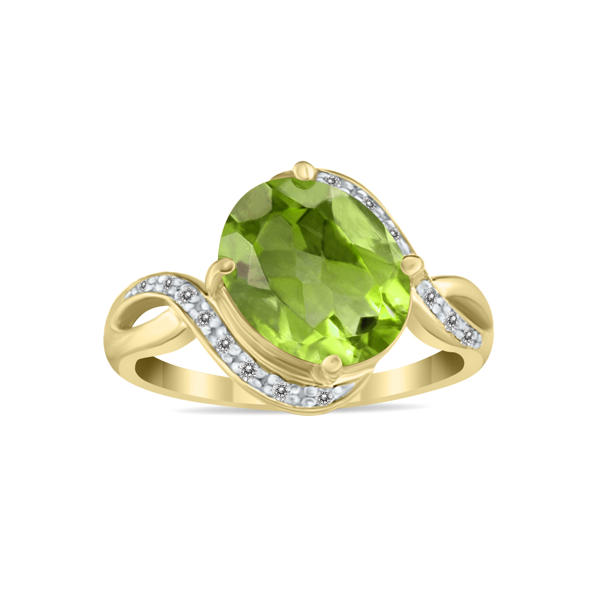 Oval Shaped Peridot and Diamond Curve Ring in 10K Yellow Gold