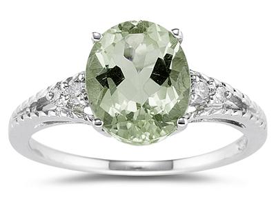 Oval Cut Green Amethyst & Diamond Ring in 14k White Gold