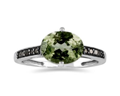 Green Amethyst and Black Diamond Ring in 10K White Gold