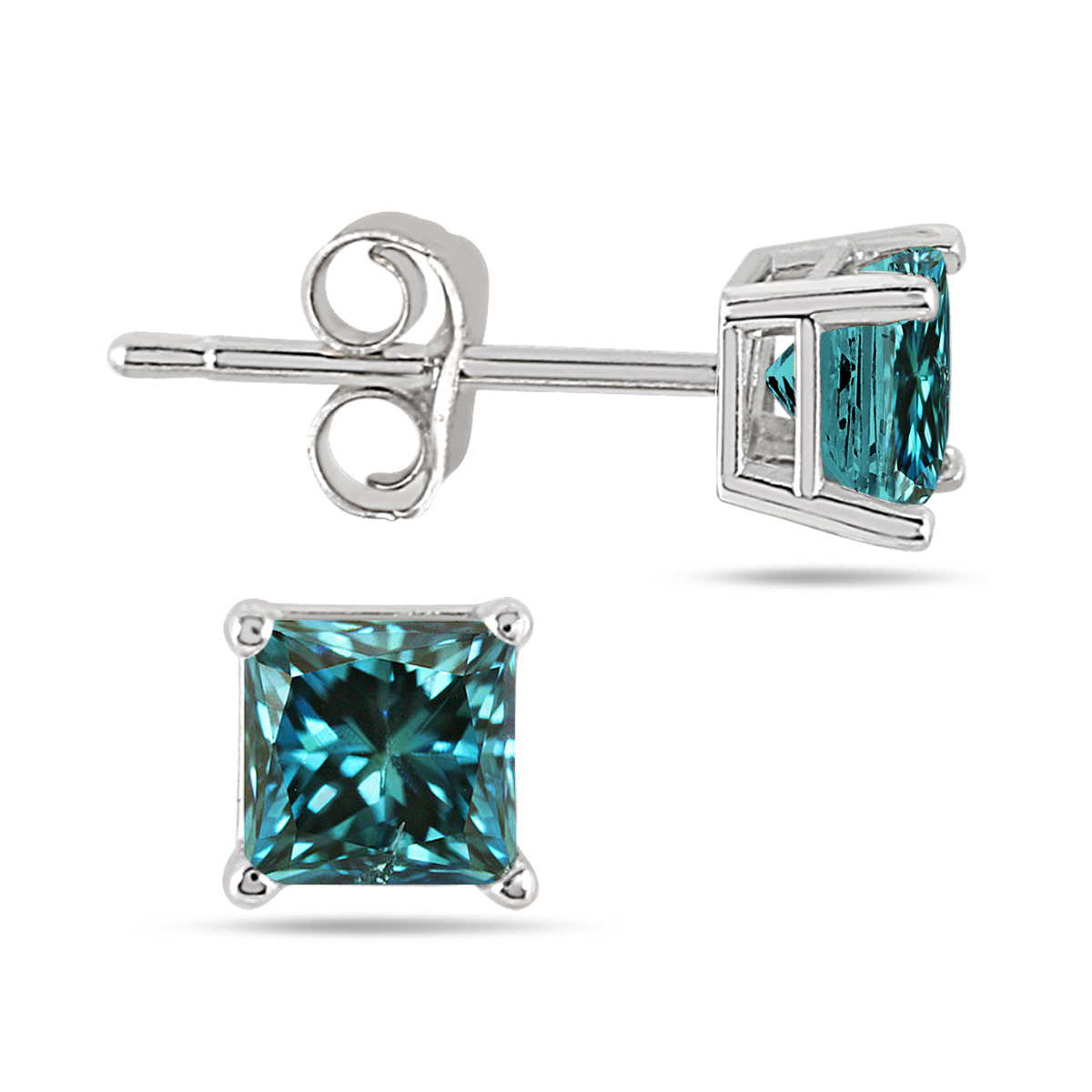 1/2 Carat Princess Cut Blue Diamond Solitaire Earrings In 14k White